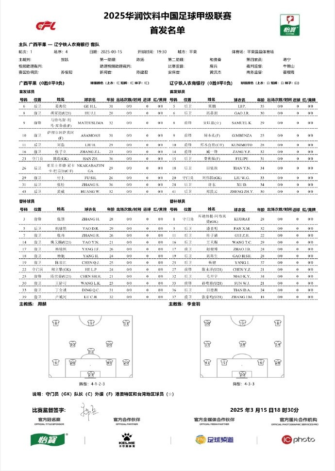 中甲-廣西平果vs遼寧鐵人首發(fā)：三外援對決三外援，安以恩出戰(zhàn)